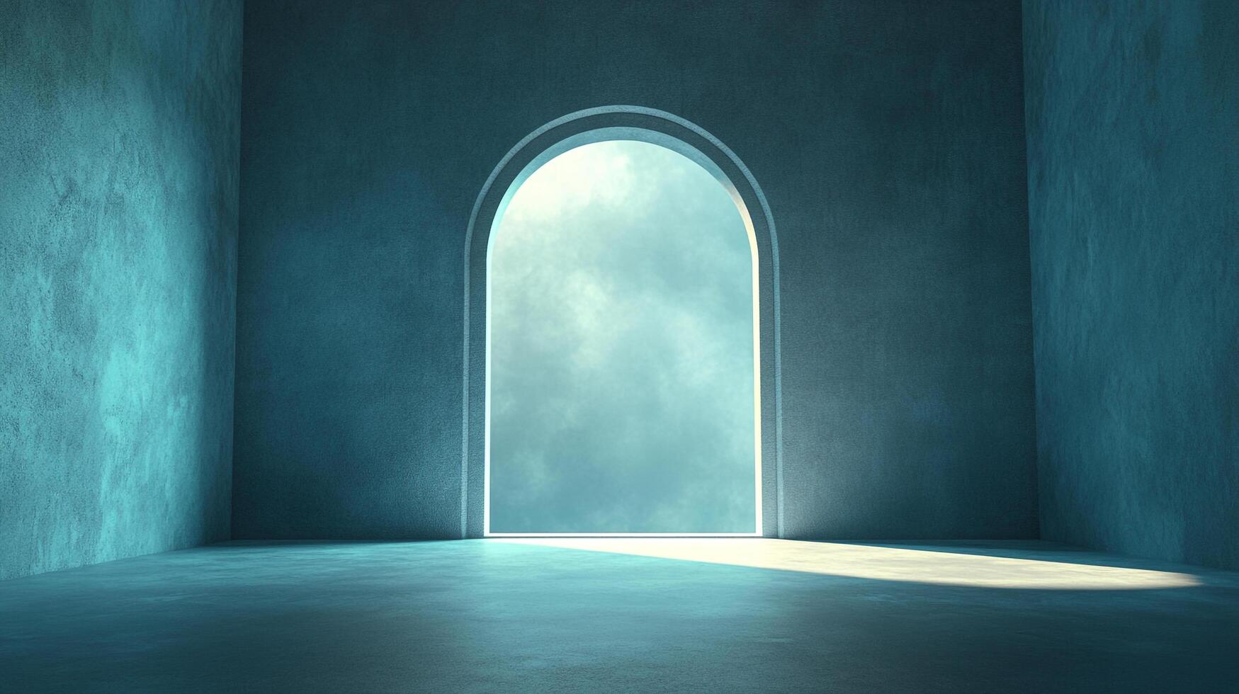Minimalist teal room featuring an archway bathed in ethereal light, inviting viewers to contemplate the possibilities beyond its threshold. photo