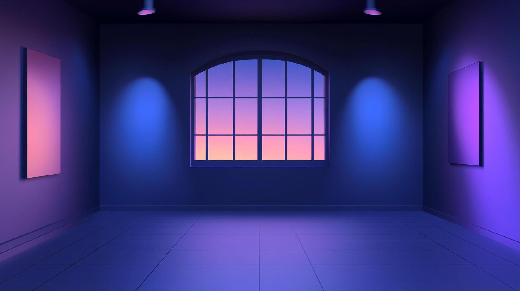 An atmospheric room with soft lighting and a large window showing a colorful dusk or dawn sky. Minimalist art gallery space. photo