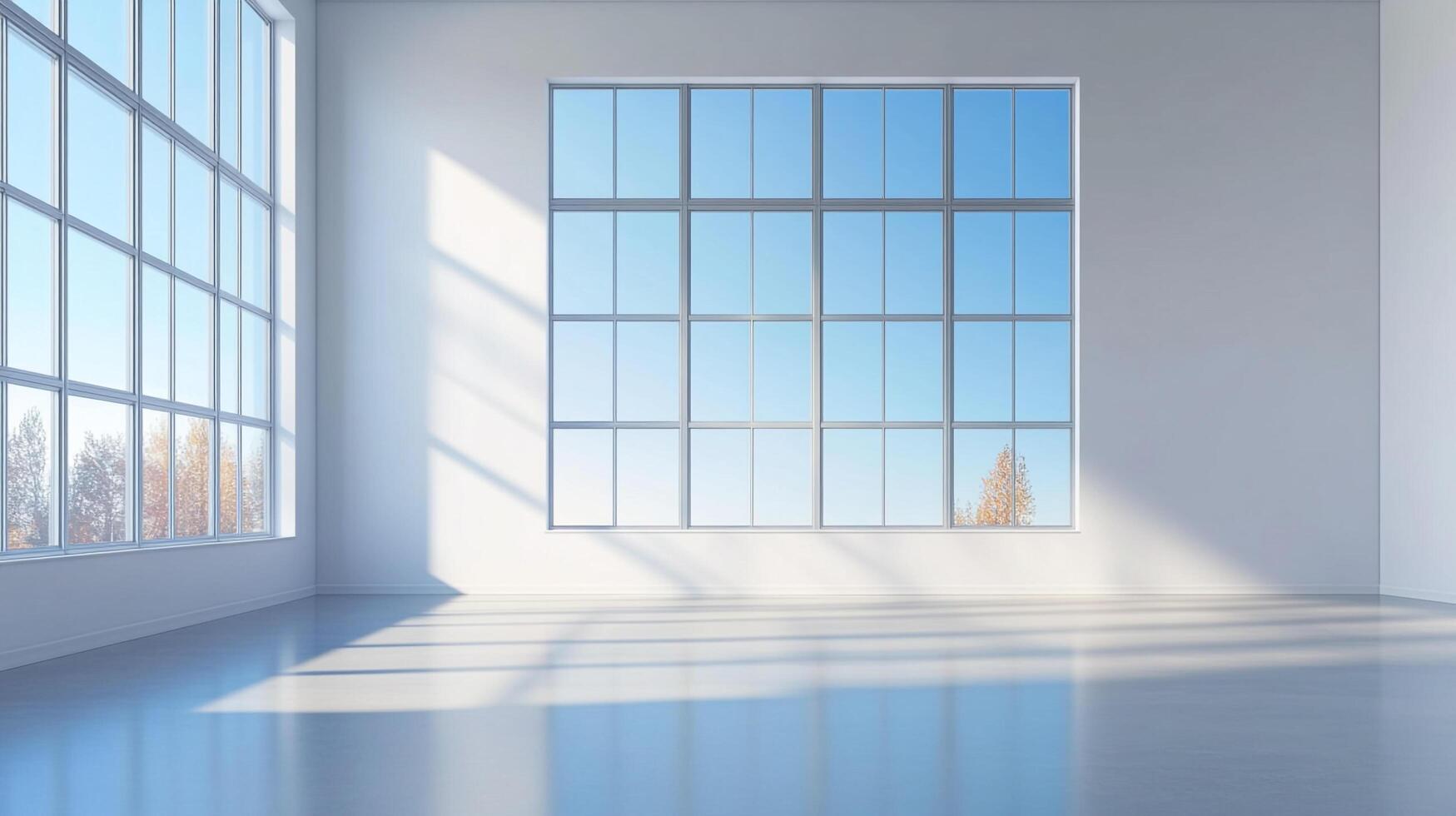 Bright and airy interior with large windows providing natural light and a view of trees, creating a clean and modern atmosphere. photo