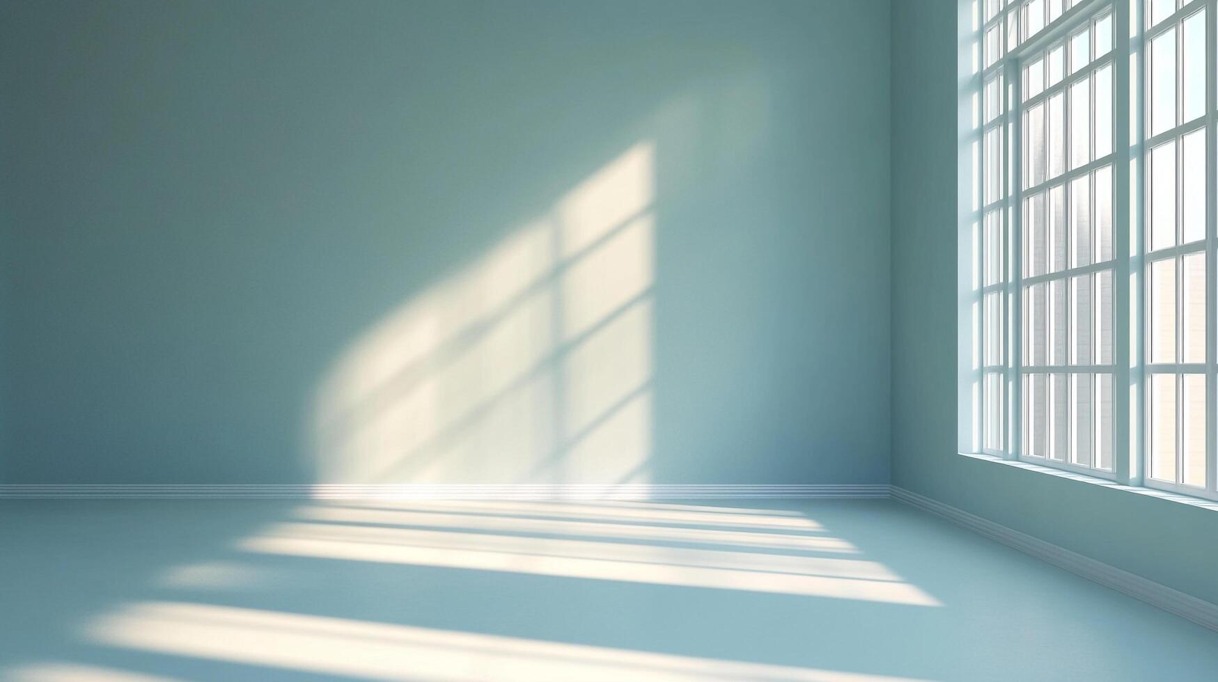 An empty, bright room with sunlight streaming through the window. The blue-green walls and floor create a soothing, minimalist atmosphere. photo