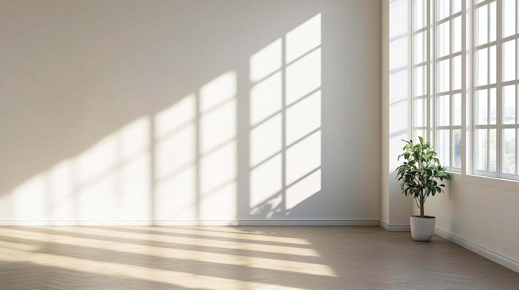 Bright, spacious room with sunlight streaming through windows. Potted plant adds a touch of nature. Perfect for relaxing or creative work. photo