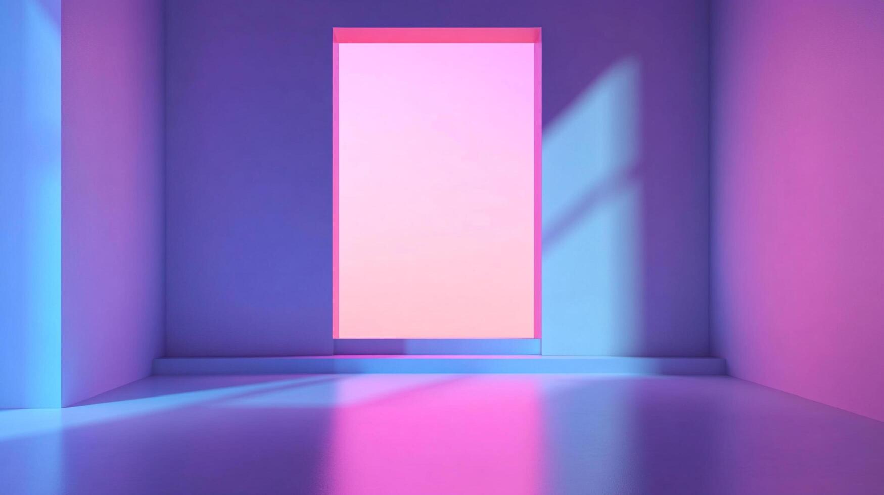 A minimalist room bathed in vibrant pink and blue light, creating a surreal and captivating atmosphere. Abstract, vibrant, and modern. photo