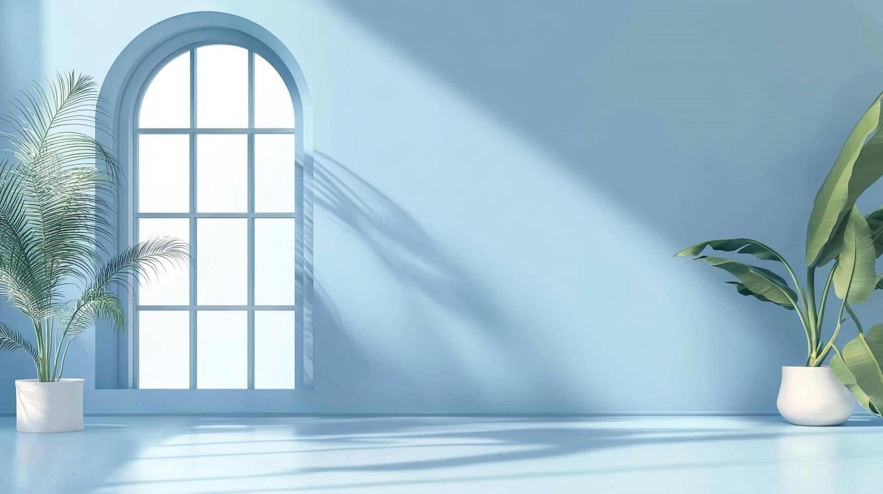 An arched window in a light blue room provides natural illumination to two houseplants, creating a serene indoor scene. Sunlight patterns. photo