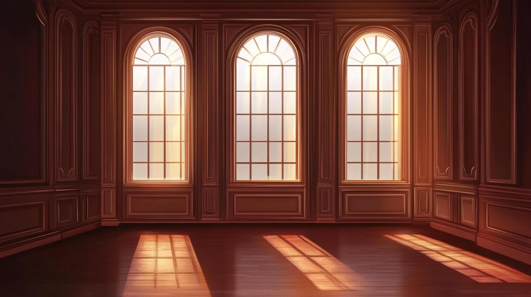 Elegant room with three arched windows, paneled walls, and polished wood floor bathed in sunlight, creating a warm and inviting atmosphere. photo