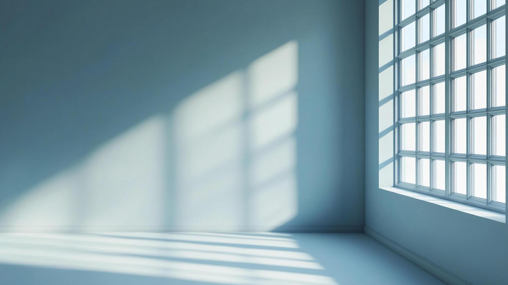 Sunlight streams through a multi-pane window, casting geometric shadows on the pale blue wall and floor of a bright, empty room. photo