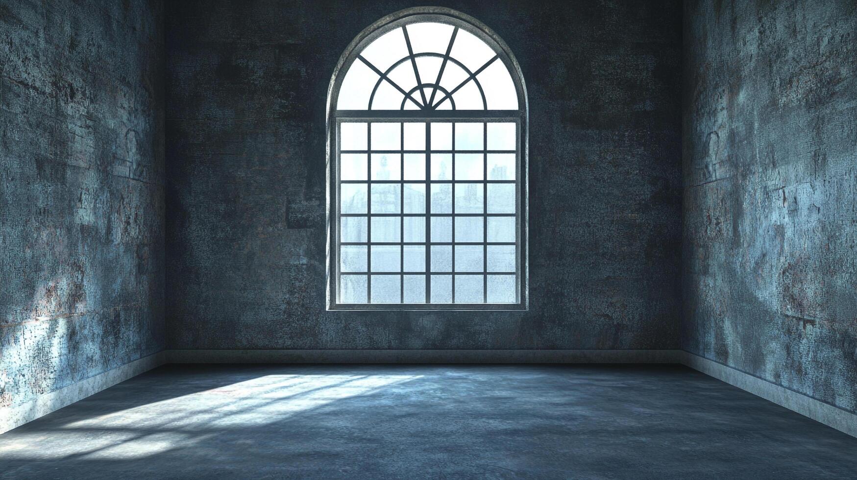 A dim and mysterious room, bathed in the ethereal light streaming through a large arched window. A space of quiet contemplation. photo
