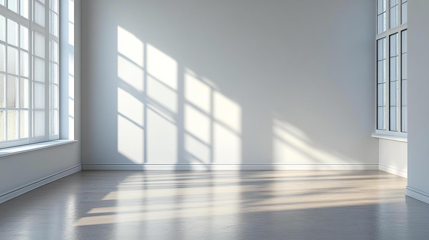 Bright room with sunlight streaming through windows casting shadows on the floor. Minimalist design, neutral color palette, and clean lines. photo