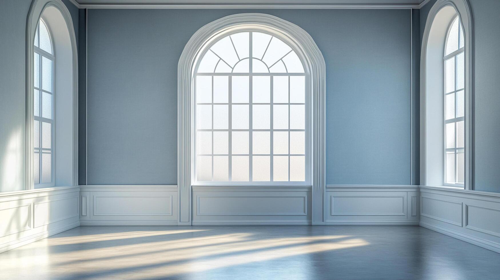 Bright, light-filled room with large arched windows and simple wall paneling. Sunlight creates patterns on the floor, creating a tranquil scene. photo