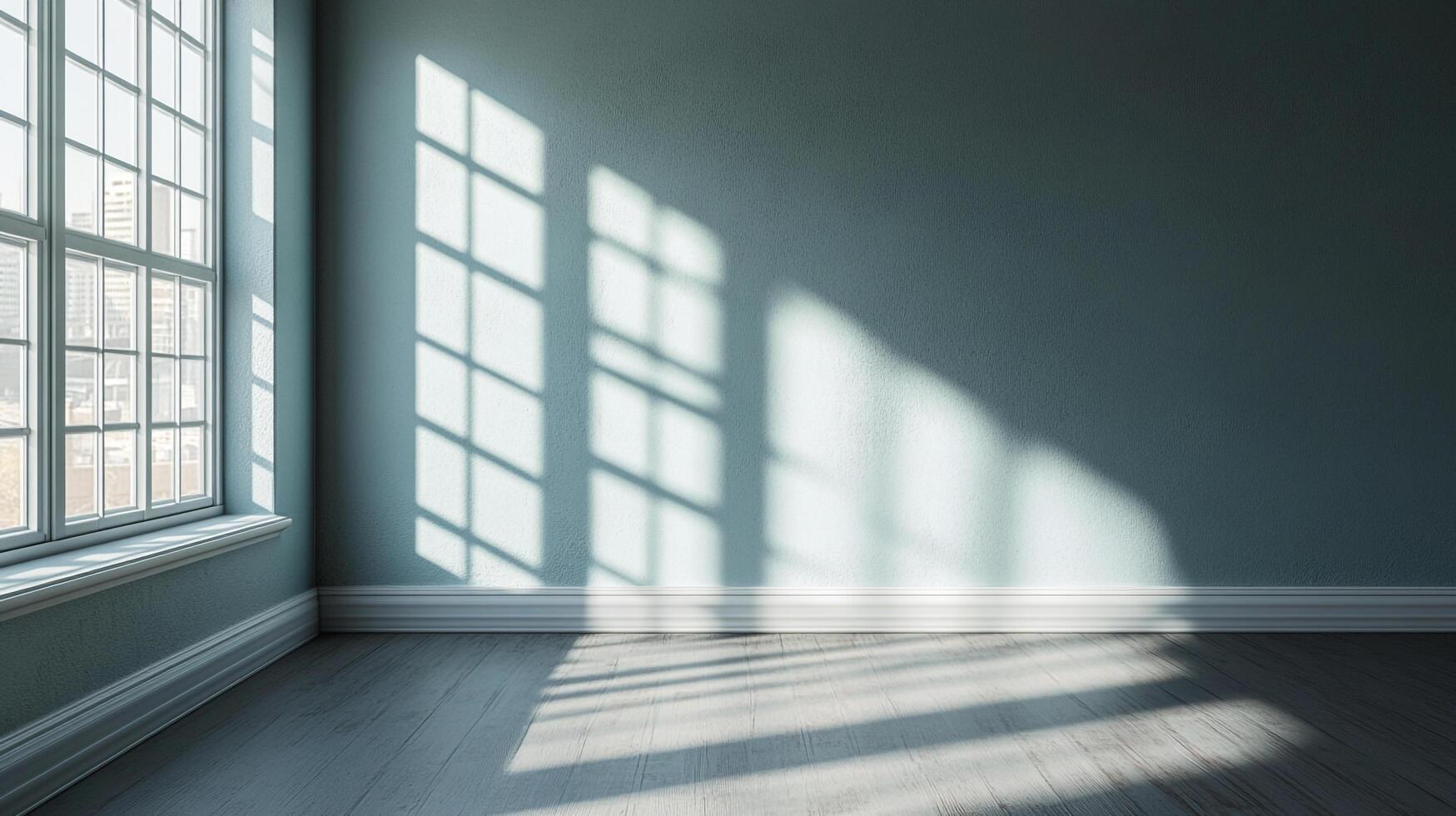 Sunlight streams through a multi-paned window, casting shadows on the light blue wall and wooden floor in this bright, empty room. photo