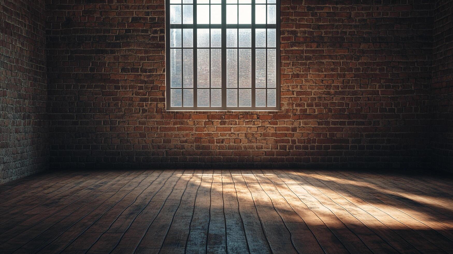 Sunlit room with brick wall and wooden floor evokes warmth and nostalgia, with a window as a focal point, casting light shadows on the wood. photo