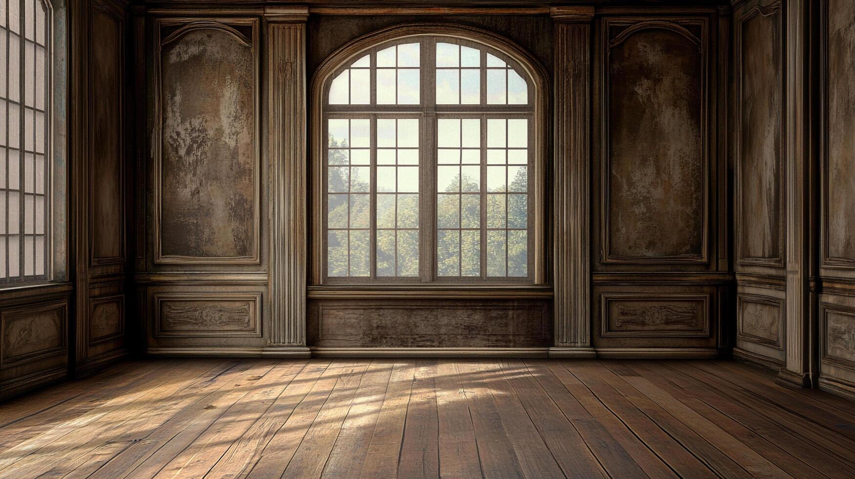 Elegantly paneled room with weathered wood and window offering scenic natural views. A grand interior with sunlight and classic architectural details. photo