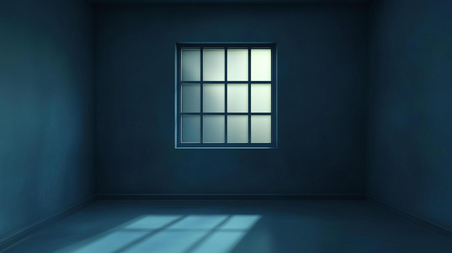A dimly lit room with blue walls and a window casting light shadows. The room is empty and quiet, creating a sense of stillness. photo