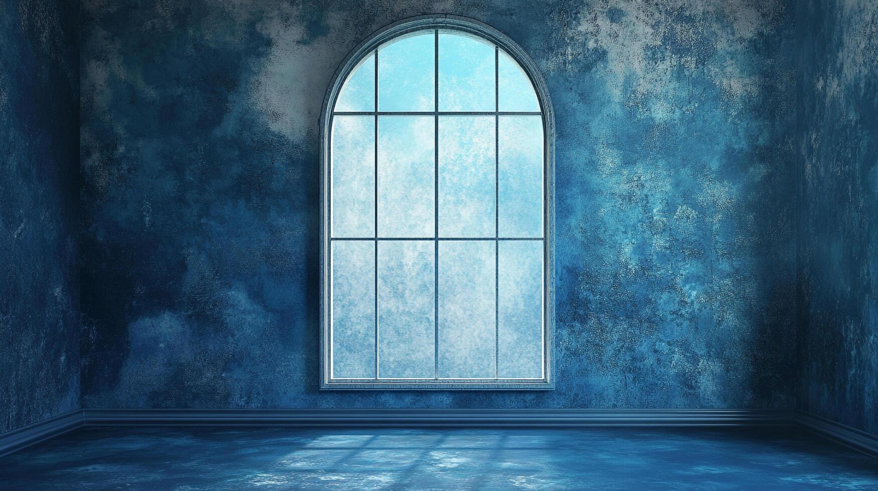 A room bathed in blue light, with an arched window offering a view of the outside, creating a serene and contemplative atmosphere. photo