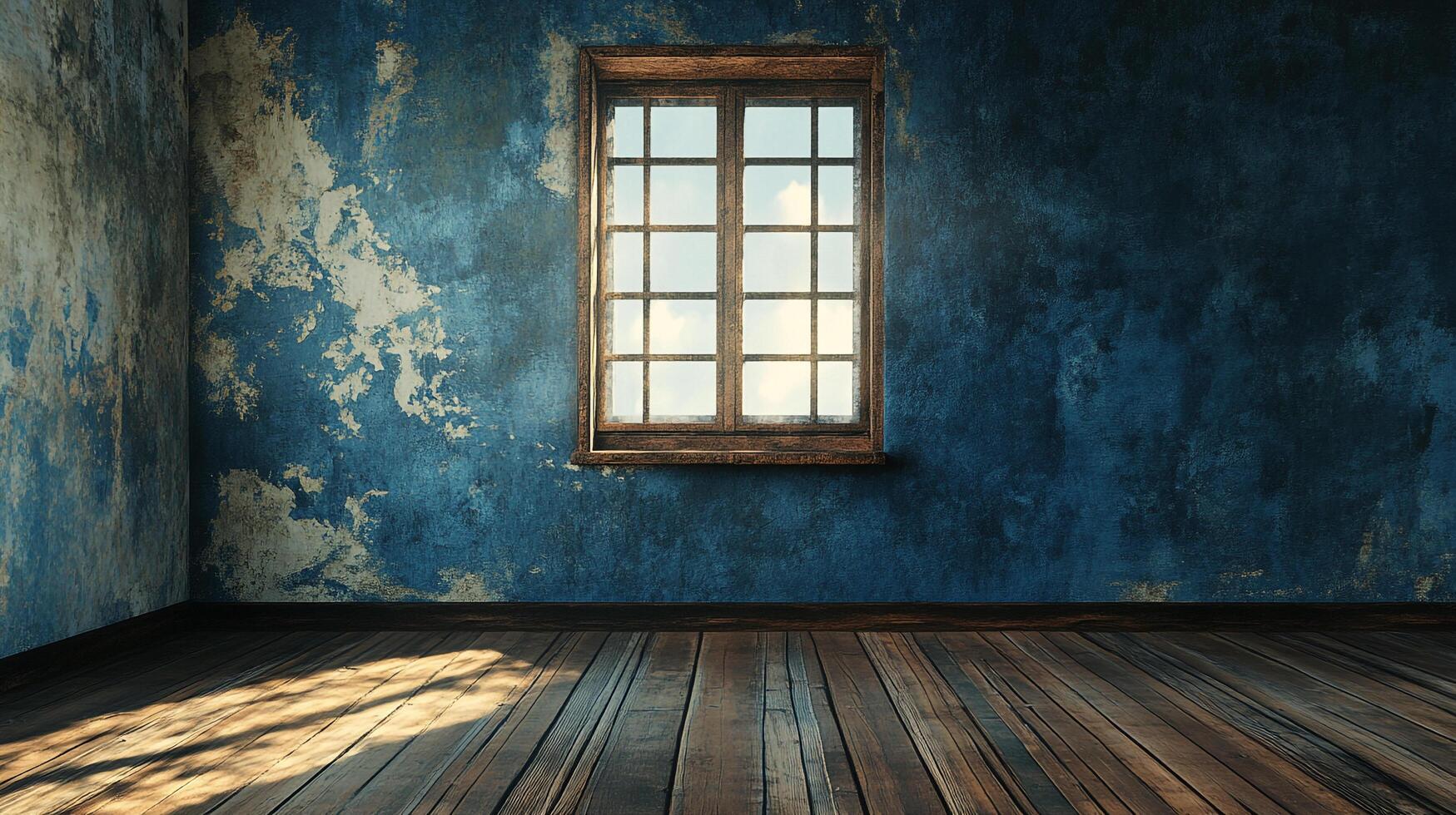 Rustic blue interior featuring a window, wooden floor and walls with peeling paint. Light streams into the aged room adding atmosphere. photo