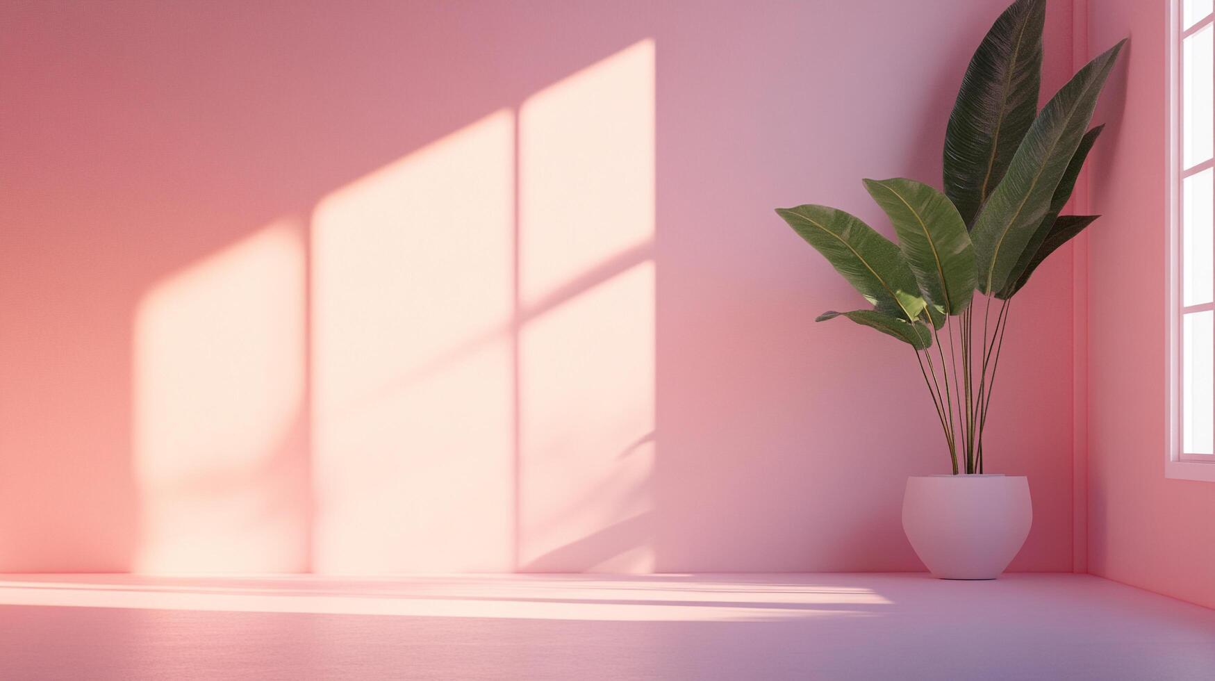 A minimalist studio shot with a potted plant and natural light casting shadows across a pink backdrop, creating a serene, calm aesthetic. photo