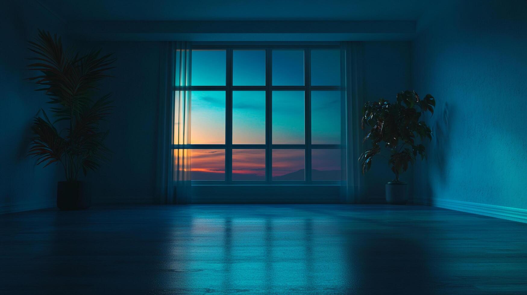 Empty room with view featuring a sky at twilight visible through a window, with plants adding life and color to the otherwise plain space. photo
