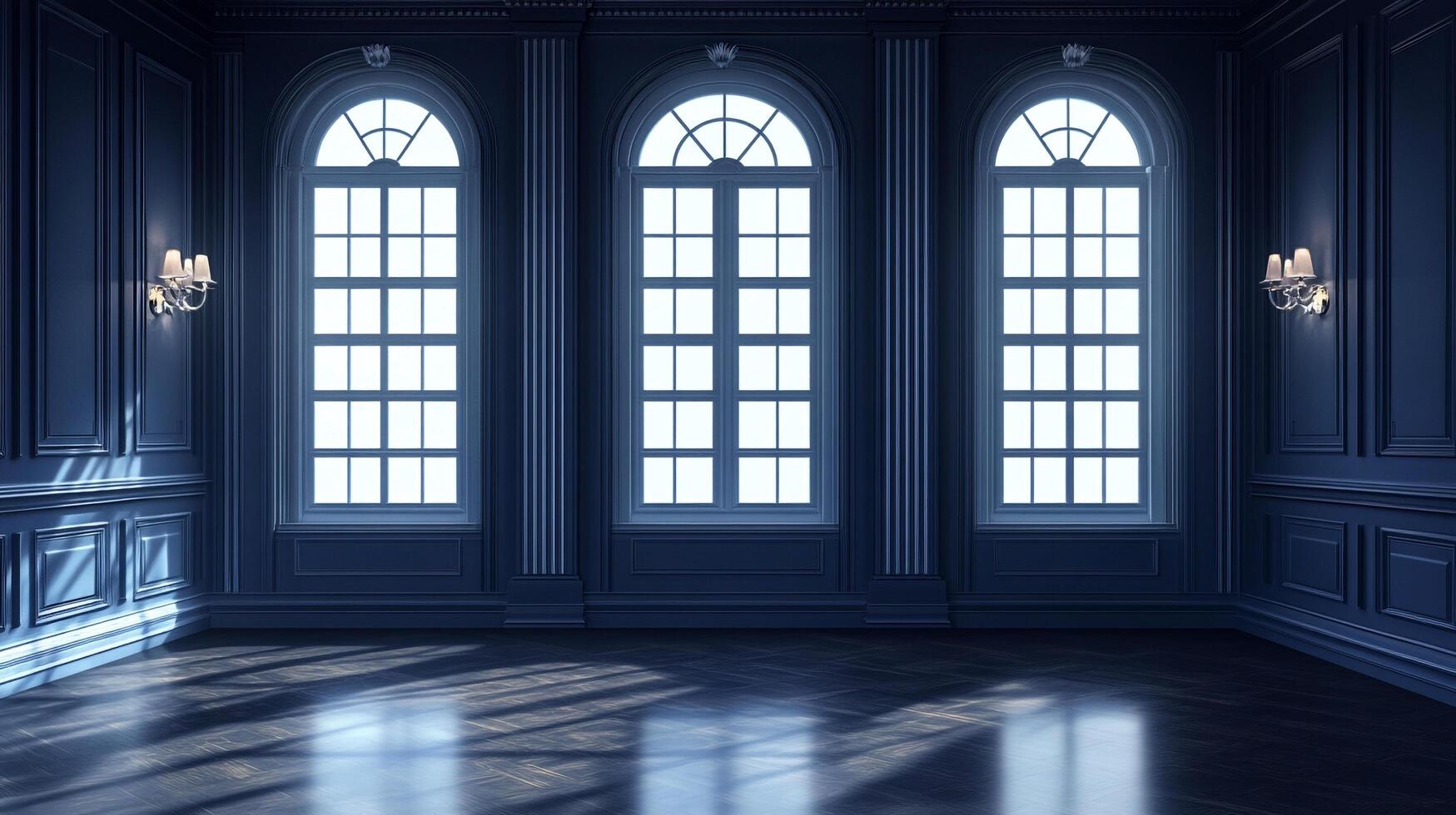 A regal and serene view of a room bathed in shades of blue, accentuated by light streaming through elegant arched windows. photo