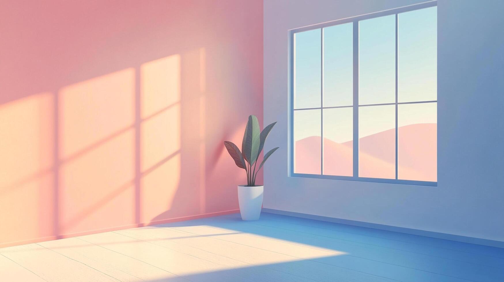 Sunlit minimalist room with pastel walls, a potted plant, and a window overlooking a distant desert landscape in a serene setting. photo