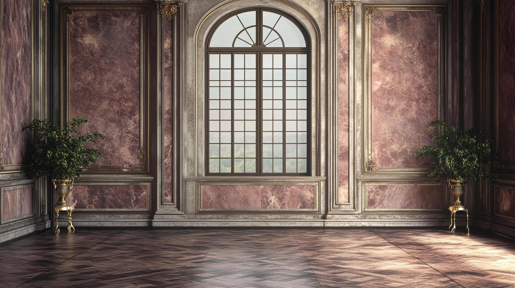Ornate room interior with marble walls, parquet flooring, and a large arched window, showcasing classic architectural elements. photo