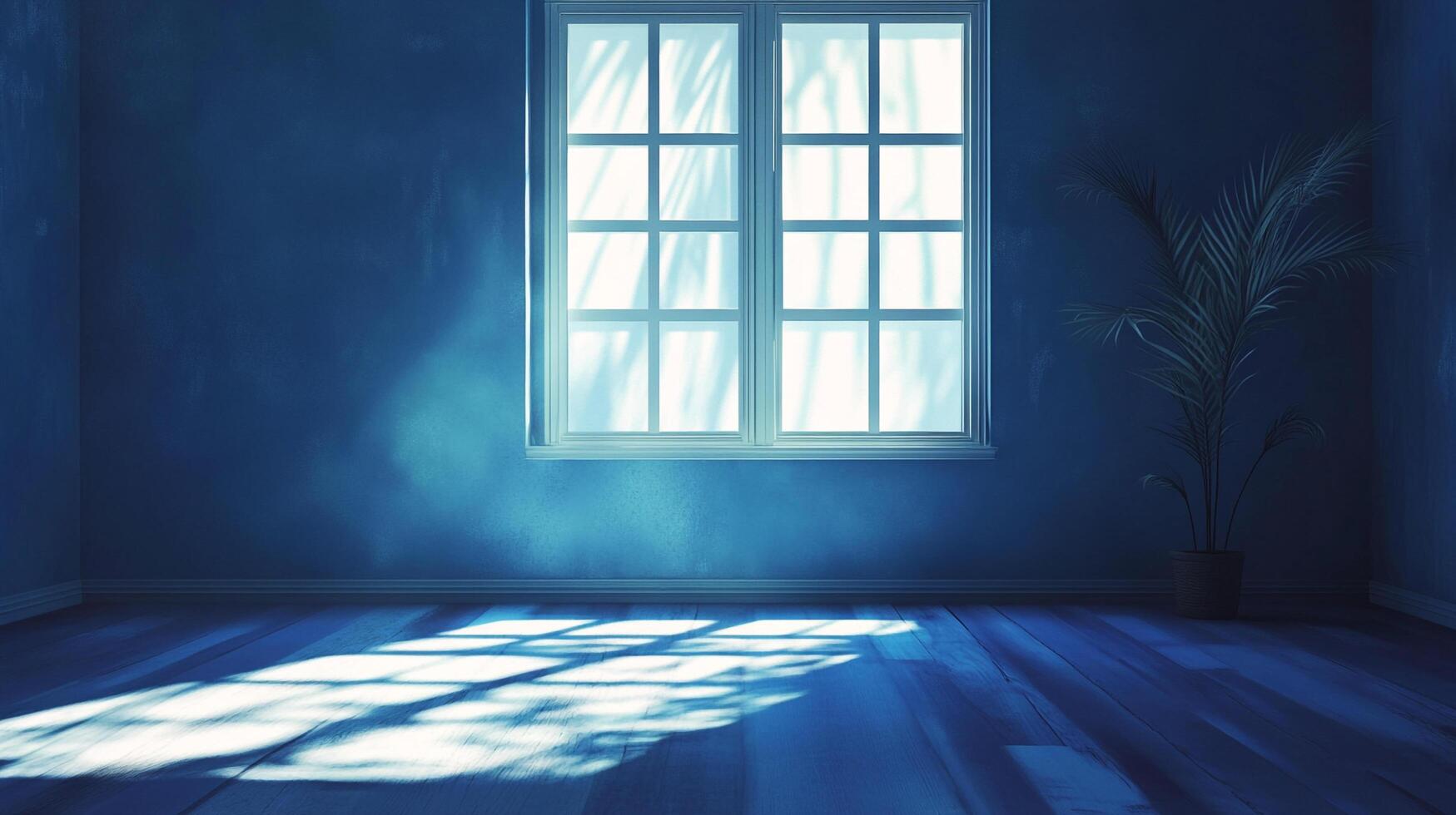 A naturally-lit room with a window and a potted plant. The light creates a beautiful pattern on the floor and the walls in the room. photo