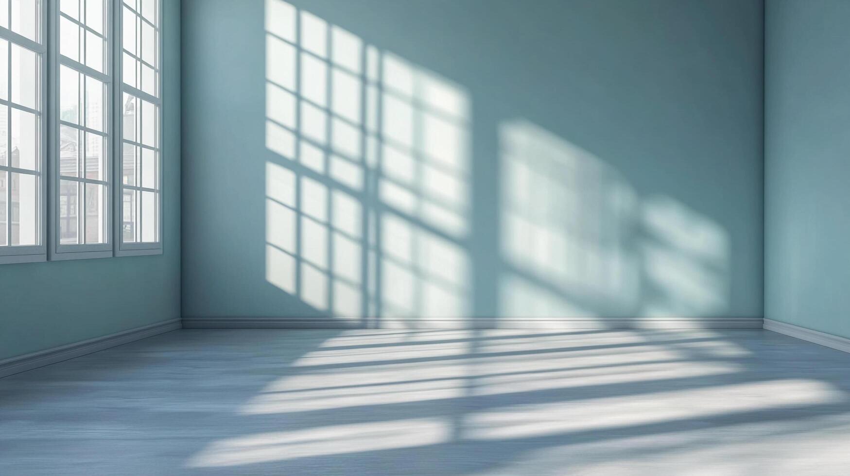 Sunlight streams through windows, casting shadows on the blue walls and floor of an otherwise empty room, creating a serene atmosphere. photo