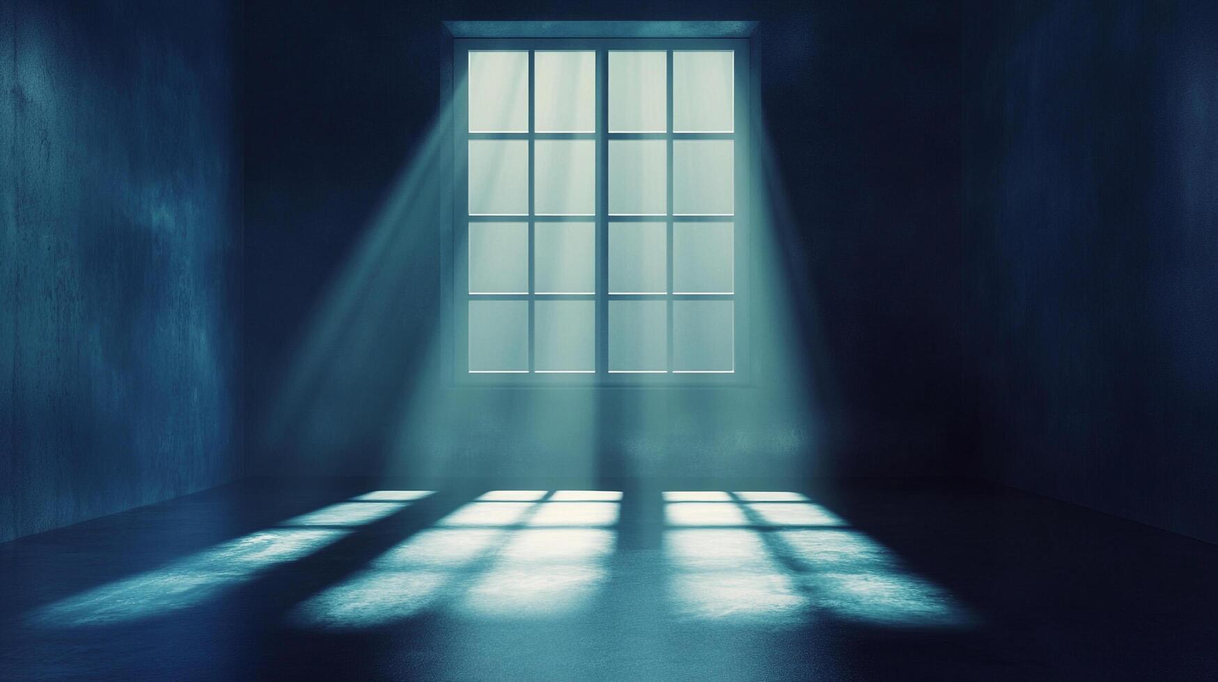 Rays of light flood into a room through a grid-patterned window, creating a dramatic interplay of light and shadow on the floor and walls. photo