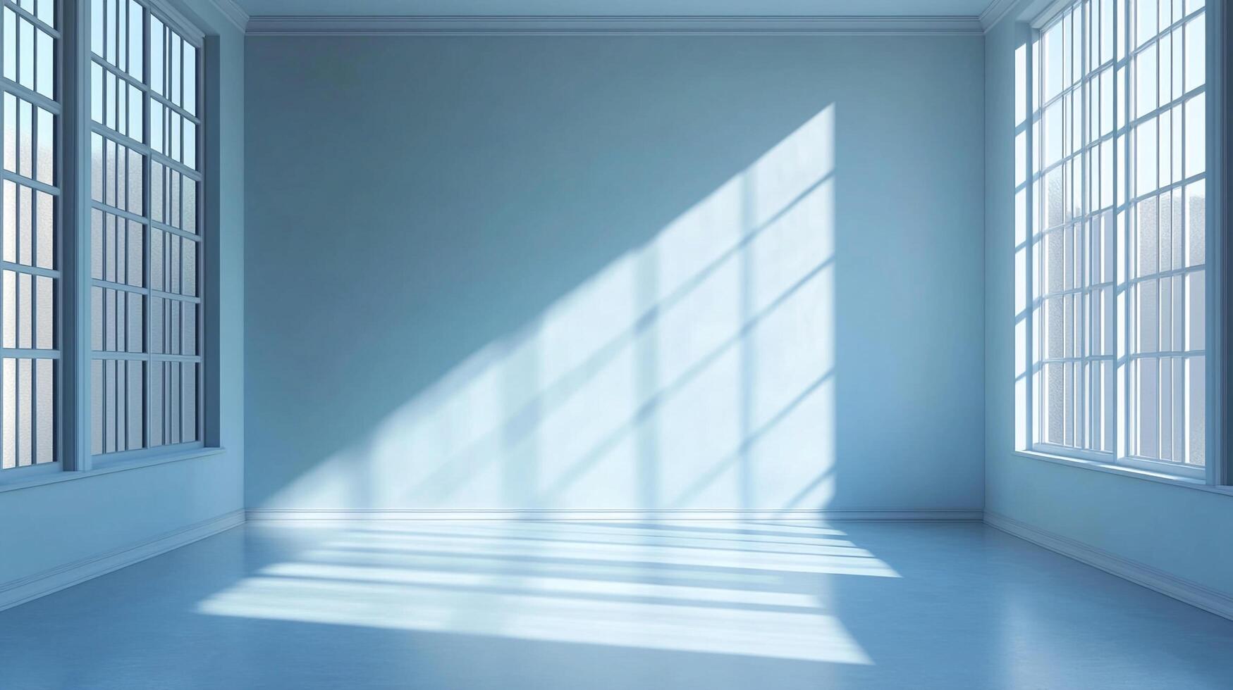 Bright room bathed in light. Sunlight streams through windows creating a grid pattern. Serene, calm and quiet space. Minimalist and elegant. photo