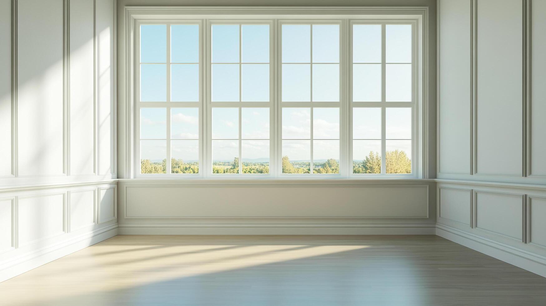 Bright, expansive room with large window offering a scenic landscape view. Sunlight fills the space, highlighting architectural details. photo
