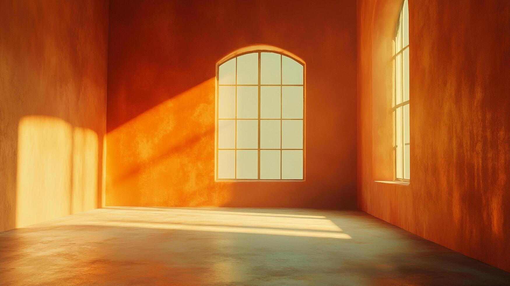 Sunlit interior with arched windows, casting shadows on orange walls. Serene and simple architectural scene. Warm, inviting, and minimalist. photo