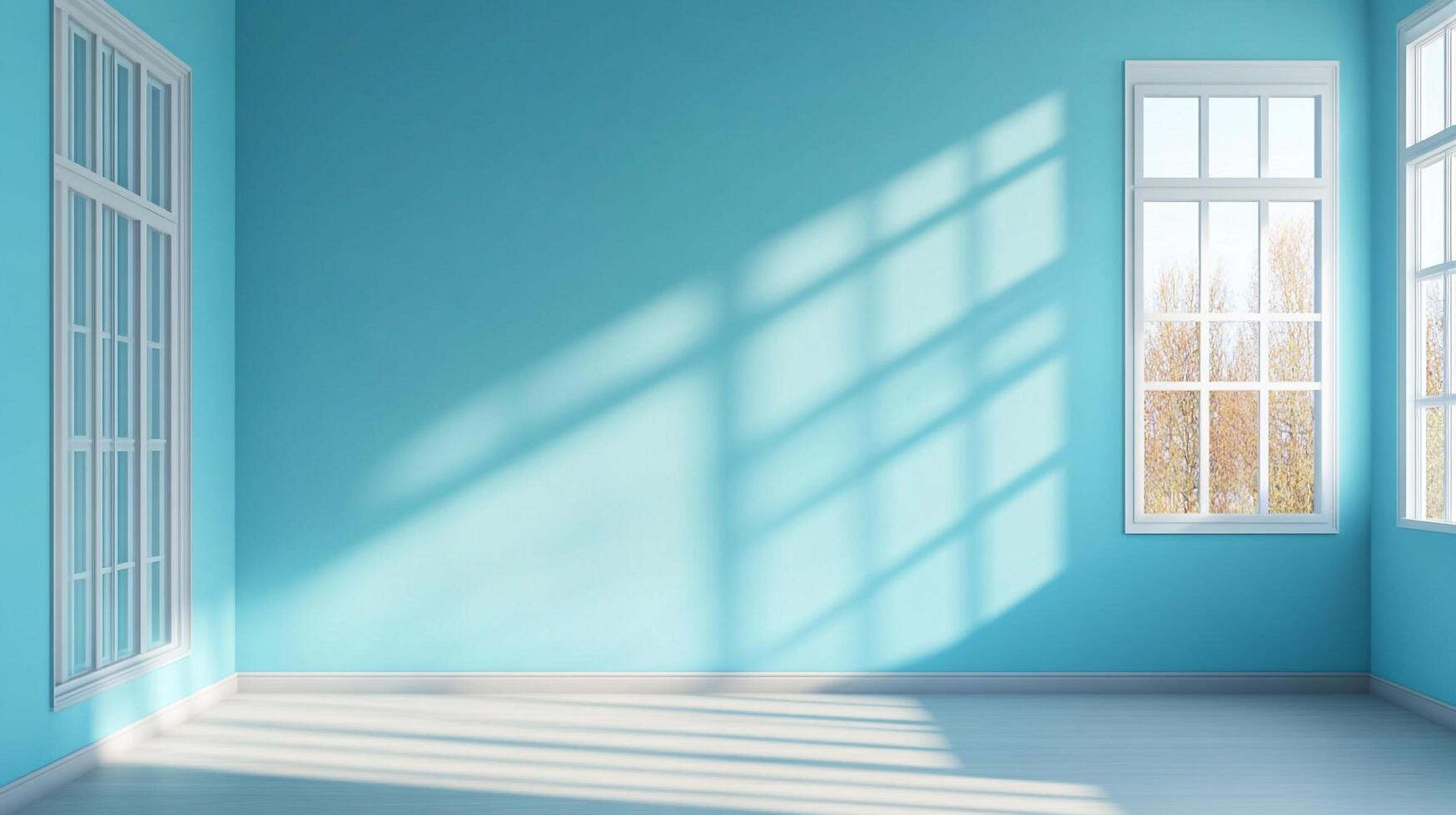 A bright turquoise room is illuminated by sunlight streaming through white-framed windows, casting shadows across the walls and floor. photo