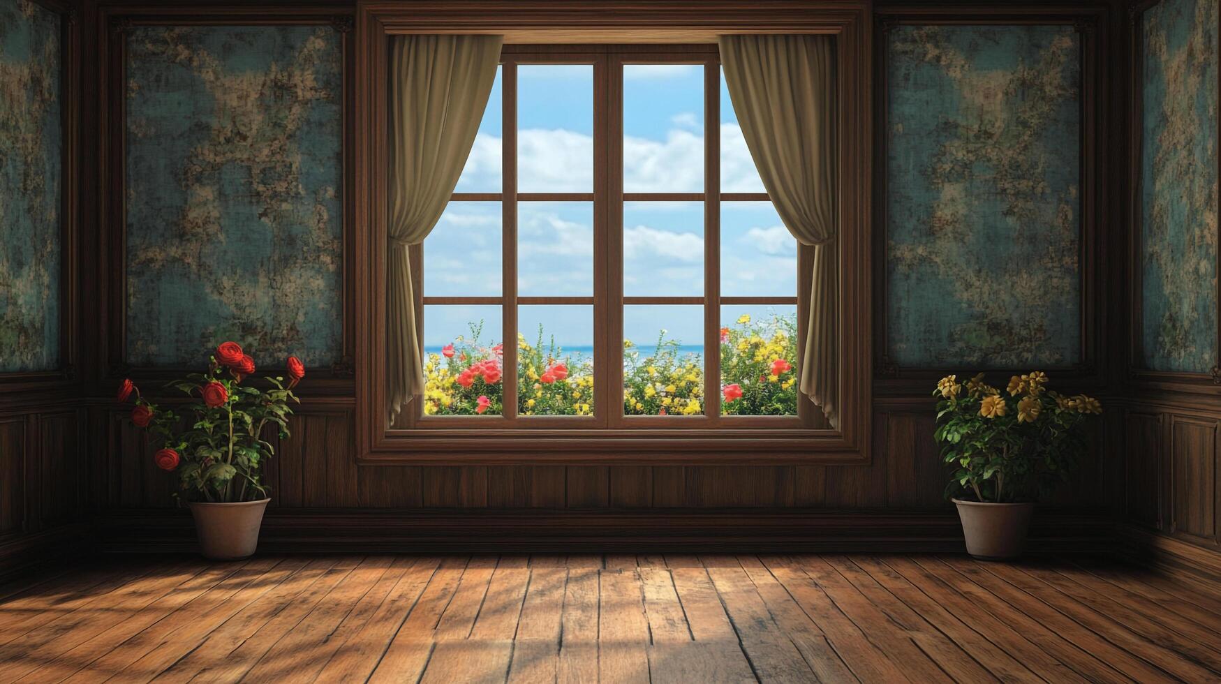 Indoor view through a vintage window showcasing a flower garden and ocean scenery. The walls have an old-fashioned design, creating a cozy ambiance. photo