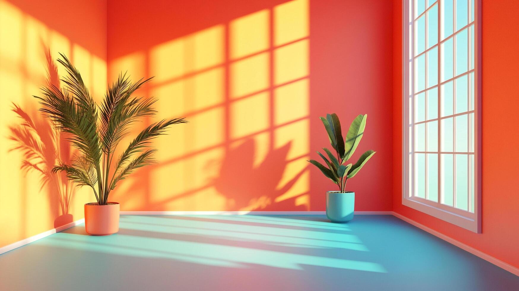 Bright room with potted plants, window, and light casting shadows. The room is painted in warm tones with cool-toned floor. photo