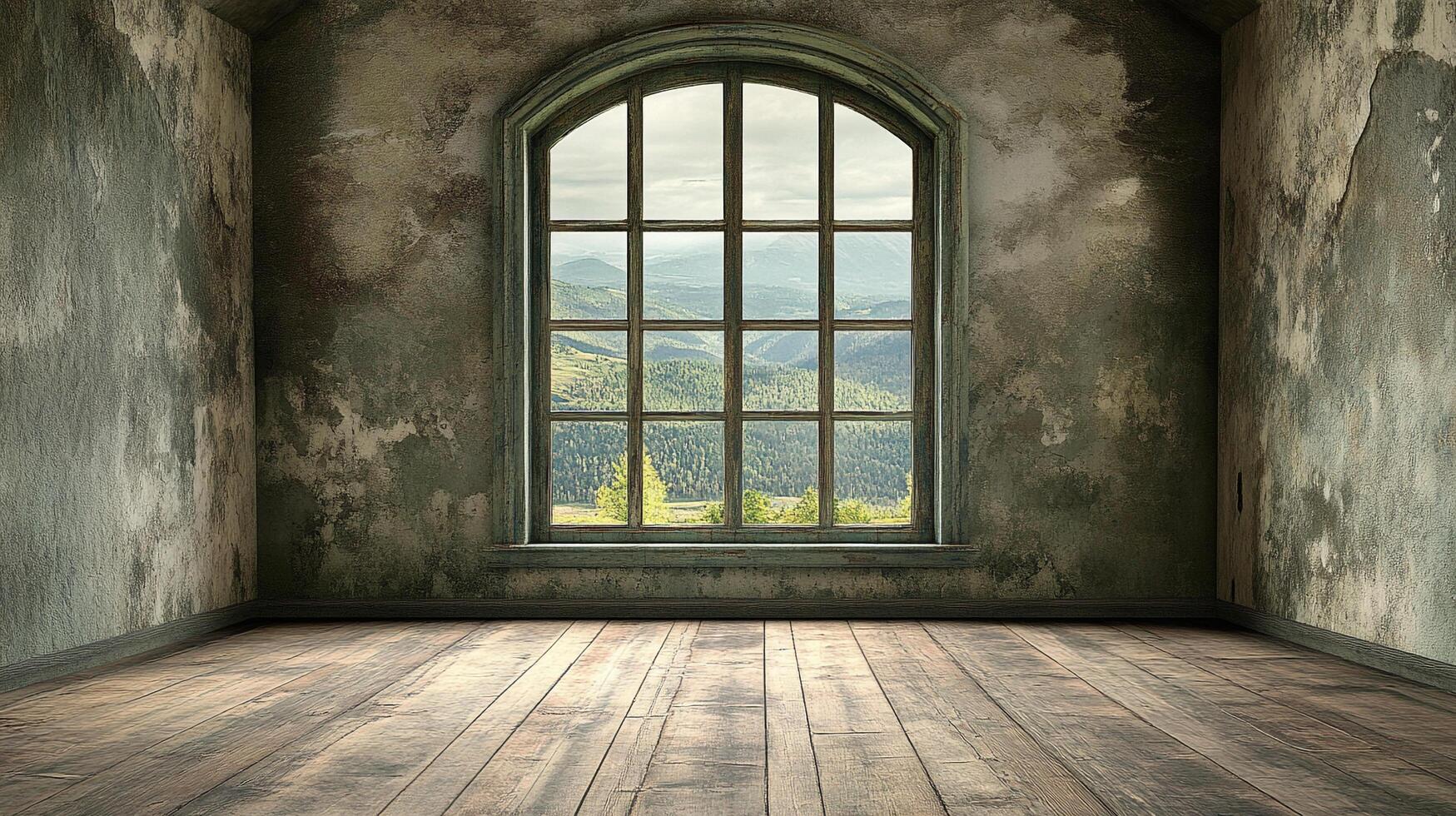 Rustic room interior featuring wooden floorboards, textured walls, and a large arched window showcasing a lush mountain view. photo