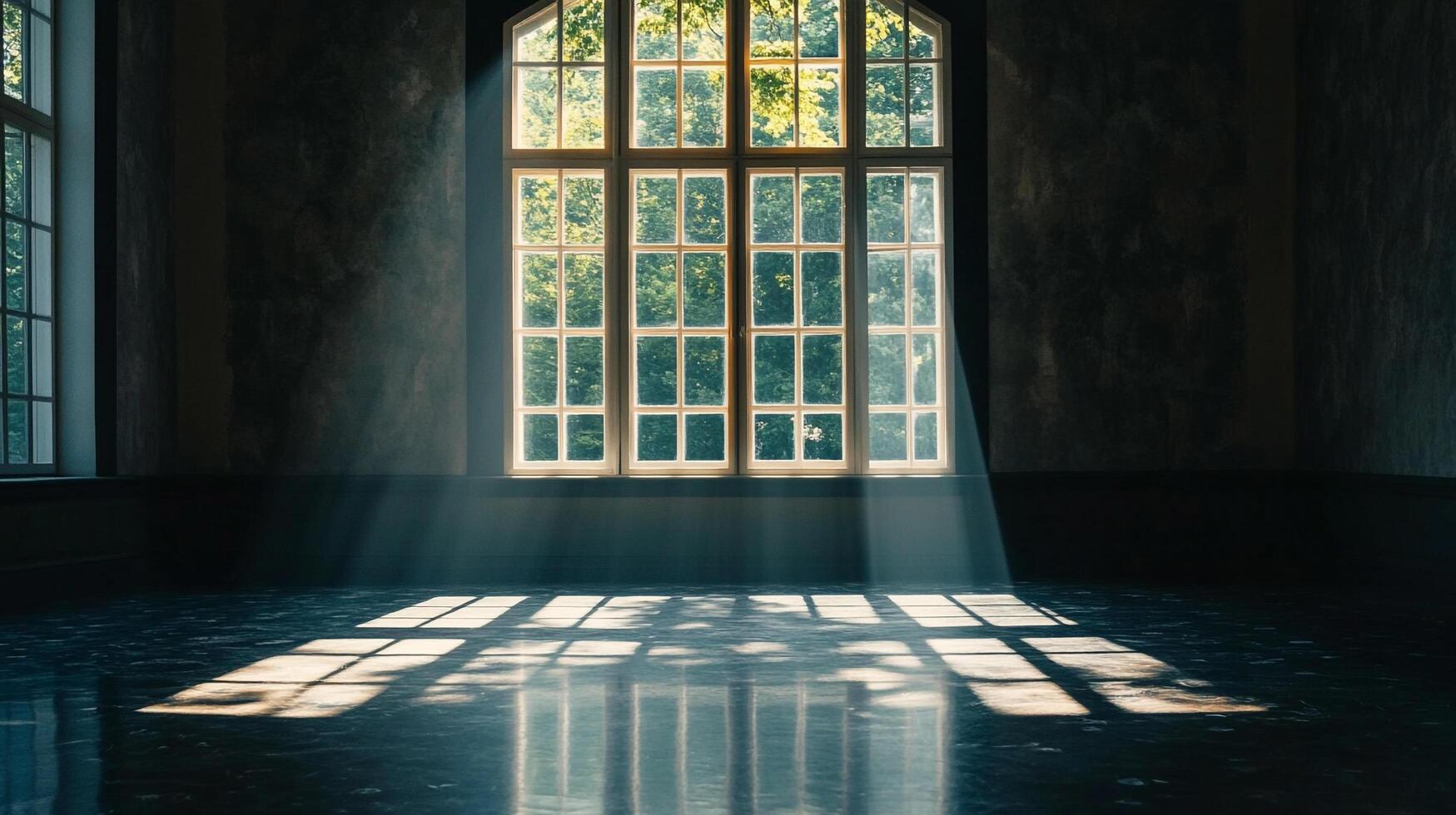 Sunlight streams into a shadowy room through a large window, illuminating the floor with a captivating display of light and shadow. photo