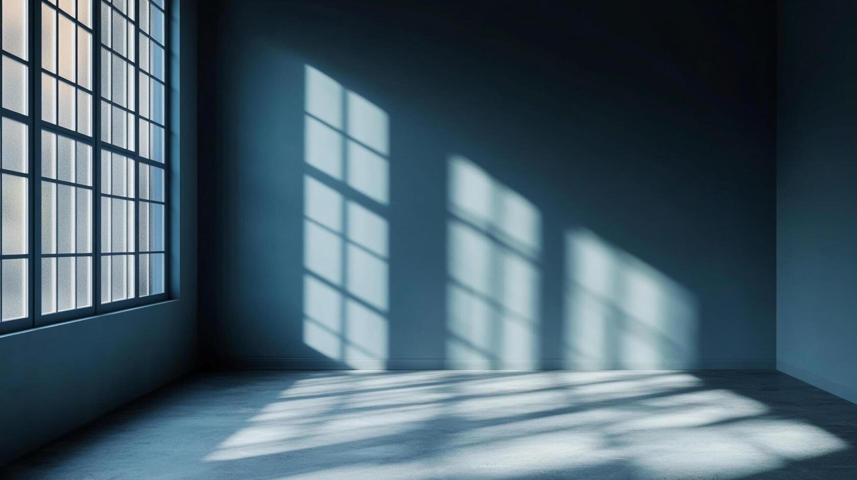Sunlight streams through a large window illuminating an empty room. The shadows create interesting patterns on the wall and the floor. photo