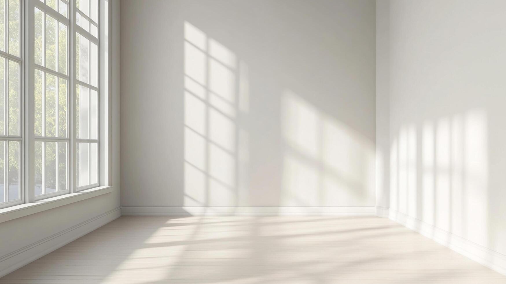 Sunlit empty room, a blank canvas for creative possibilities, with light filtering through windows creating tranquil patterns. Serene and inviting. photo