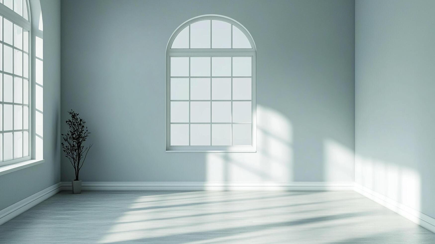 Bright room with natural light streaming through windows, minimalist decor, and a tranquil atmosphere. photo