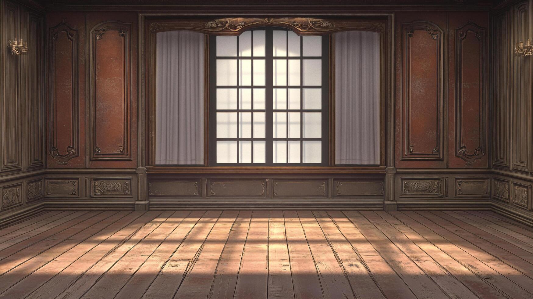 A light-filled room with dark wood paneling, featuring a large window with curtains and sunlight streaming across the wooden floor. photo