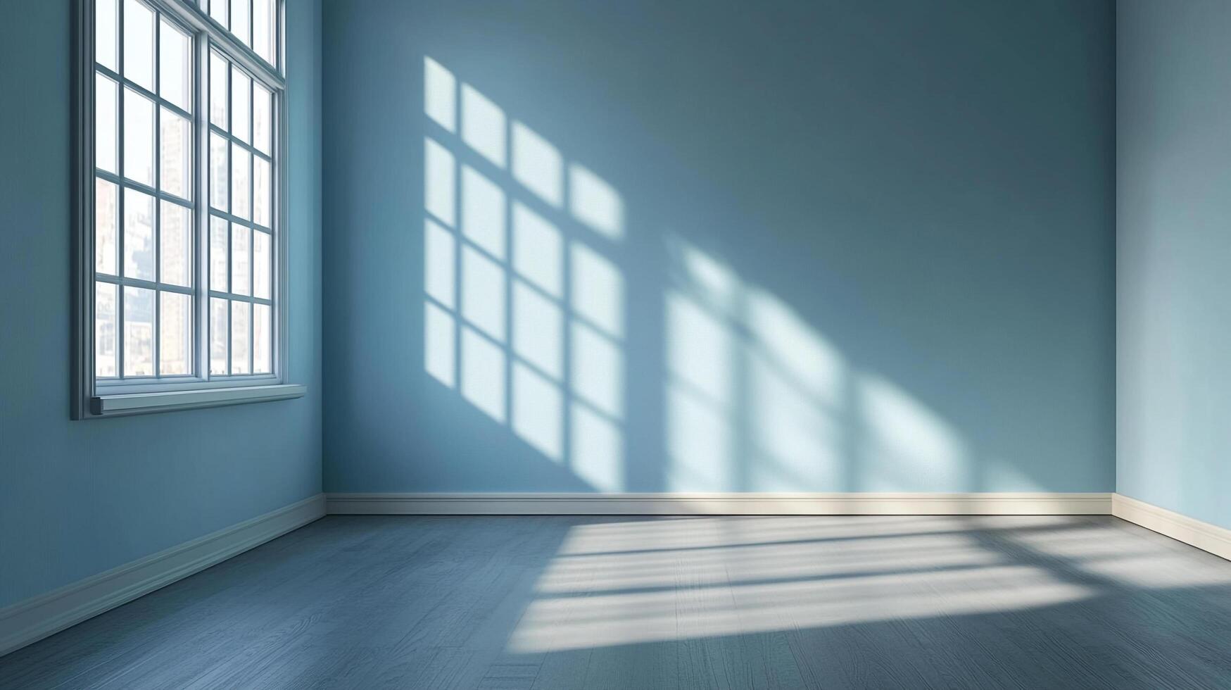 An empty room is bathed in sunlight, casting a patterned shadow from the window. The blue walls and floor create a calm atmosphere. photo