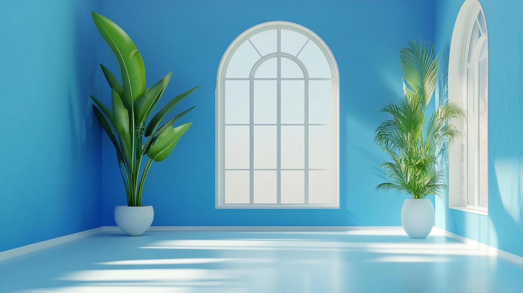 Blue room with natural light from arched windows highlights potted plants, creating a serene and calming interior space for relaxation. photo