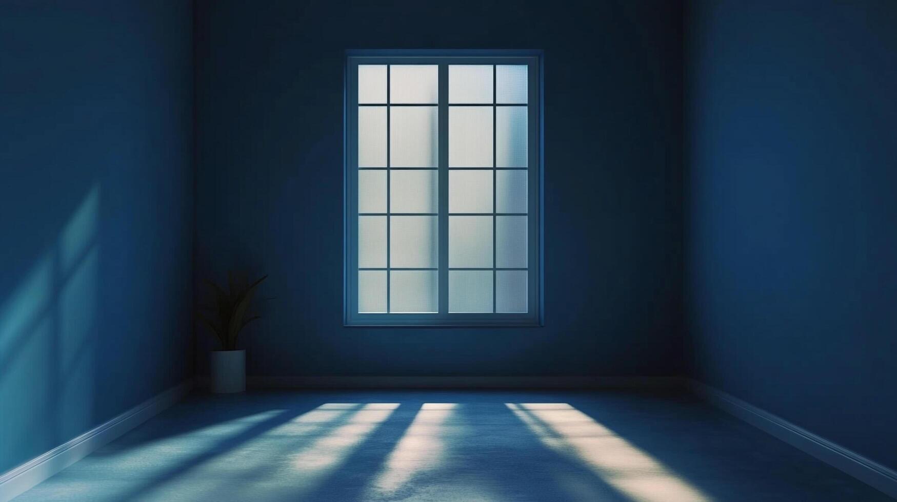 A room bathed in blue hues, illuminated by sunlight streaming through a gridded window, casting shadows on the floor. Minimalistic setting. photo