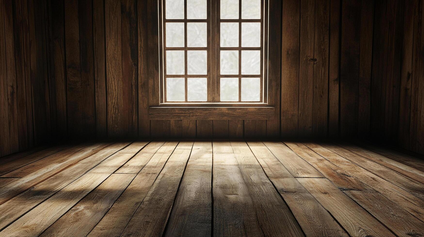 Rustic wooden room interior with a window providing natural light, creating a cozy and inviting atmosphere. photo