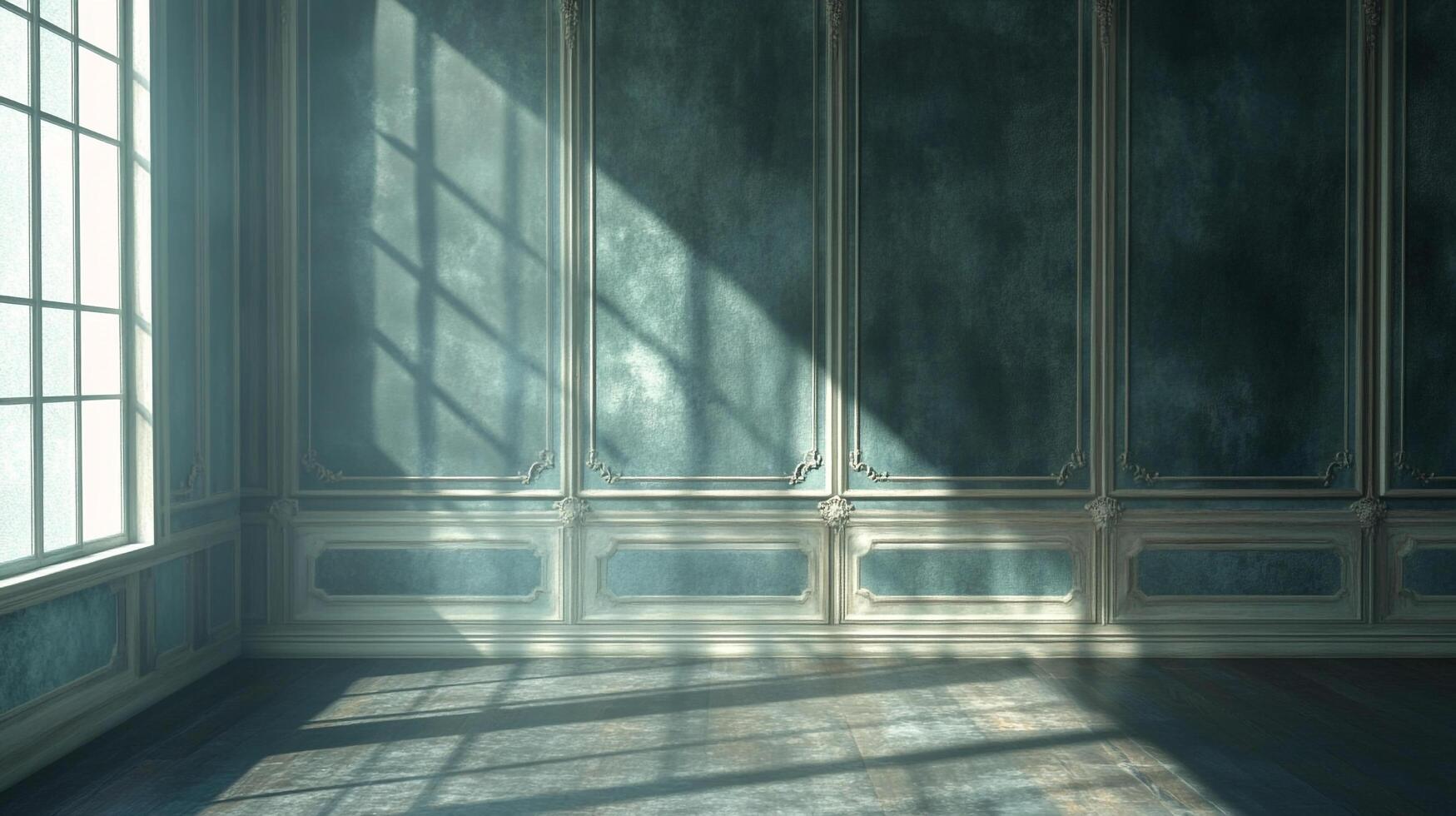 Empty room with textured blue walls, decorative molding, and sunlight streaming through a window casting shadows on the wood floor. photo