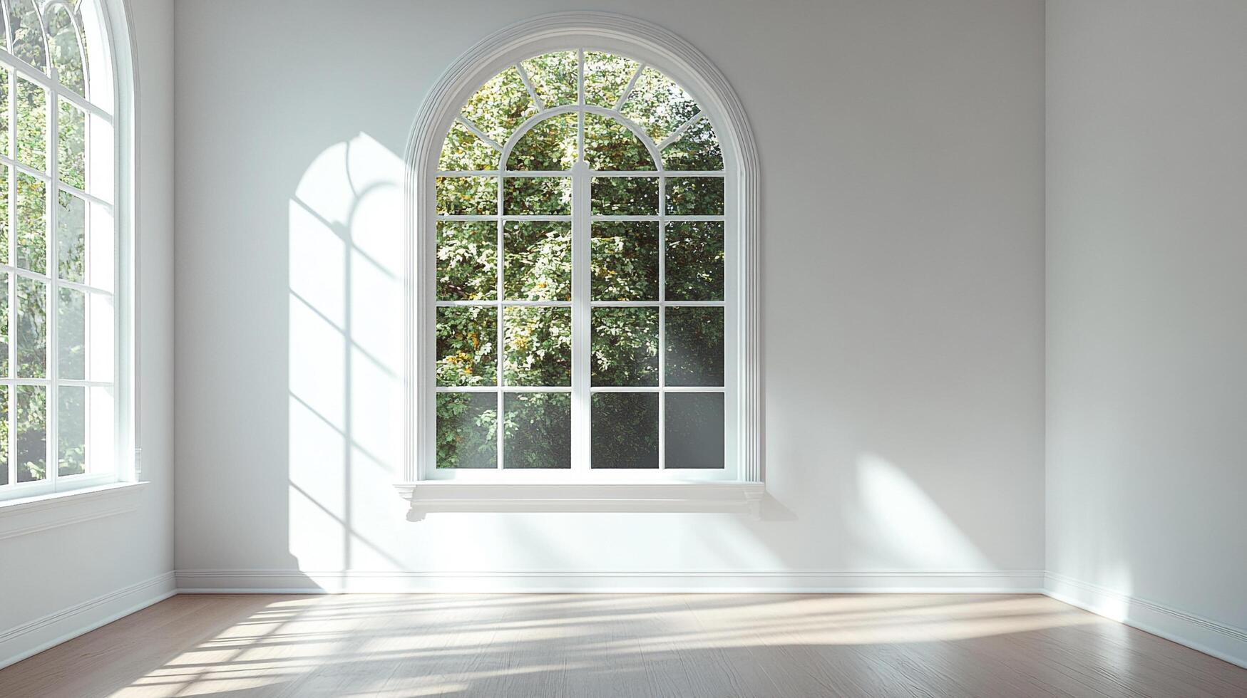 Bright room featuring arched window with natural light and green foliage outside, enhancing a minimalist aesthetic. Focus on light and space. photo