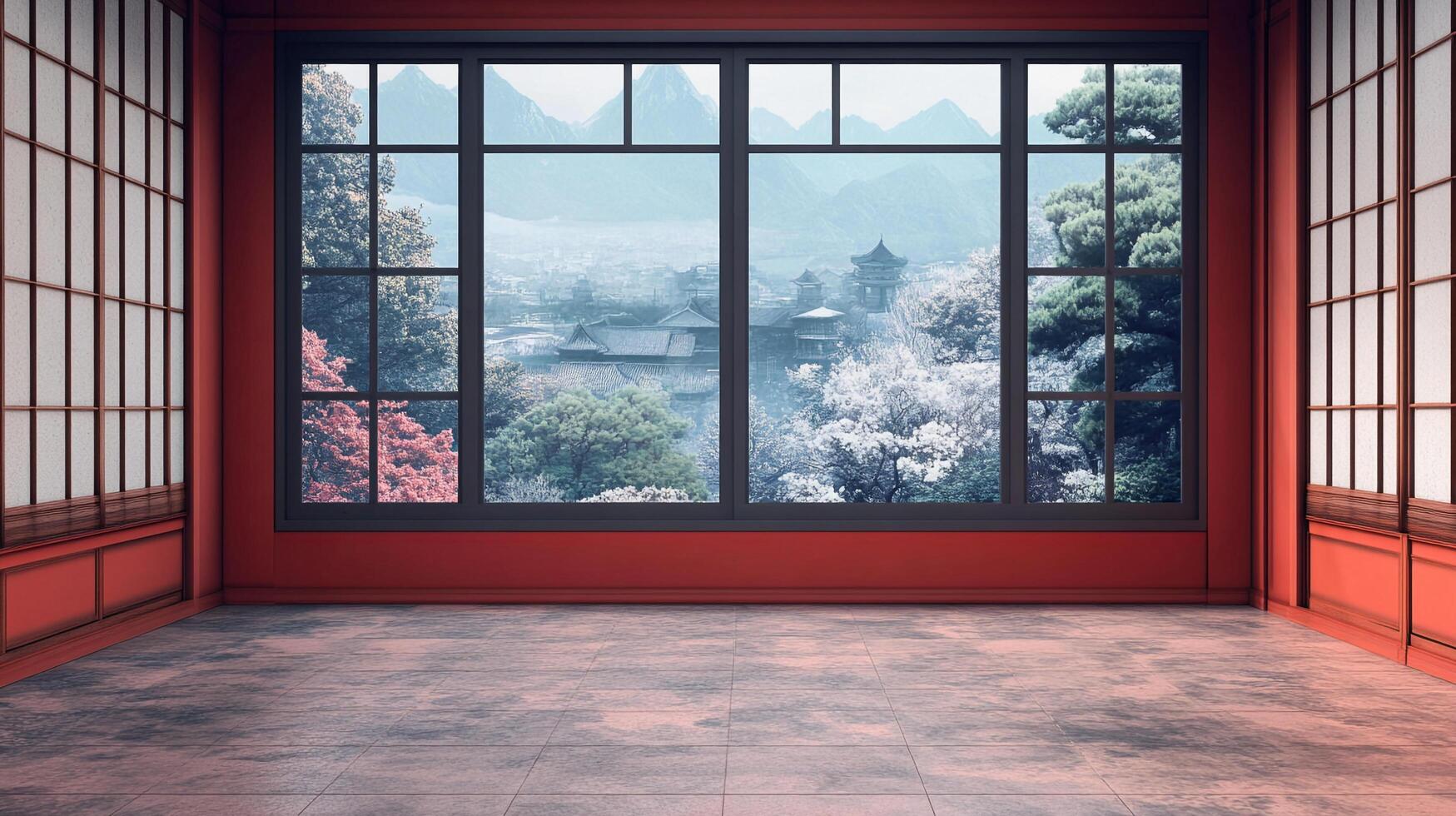 A tranquil room with a large window offering a serene view of a landscape with mountains, trees, and traditional buildings. photo