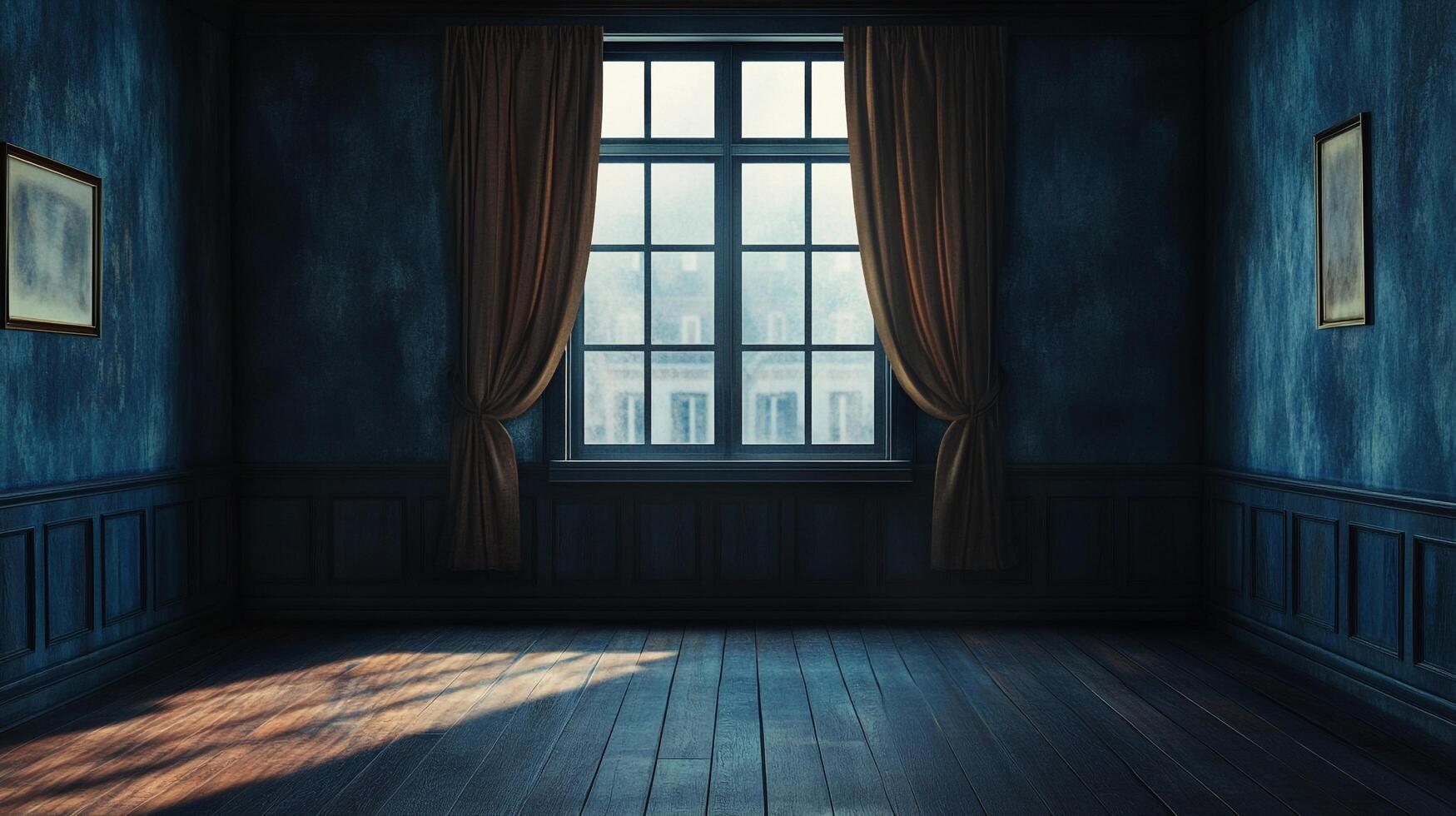 An elegant, empty room bathed in soft light, highlighting a classic window and inviting space. Timeless interior design and atmospheric. photo