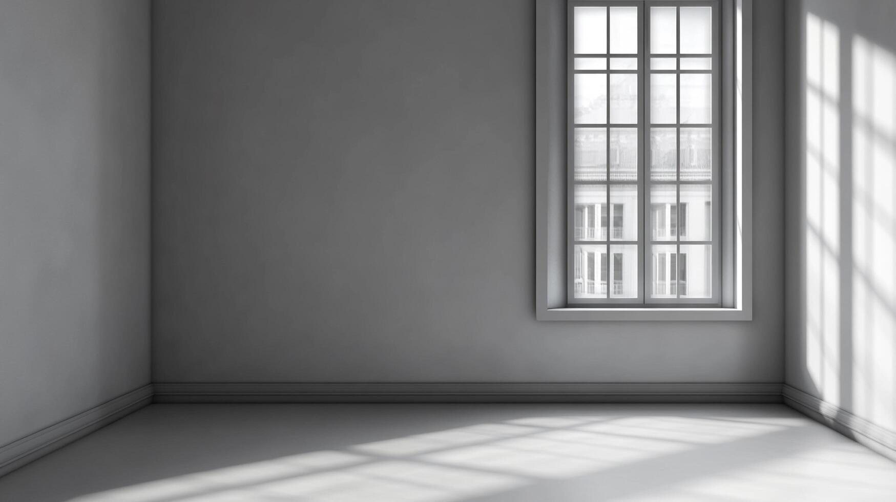 Sunlit room features a window casting intricate shadows on the wall and floor, creating a serene, bright, and minimalist atmosphere. photo