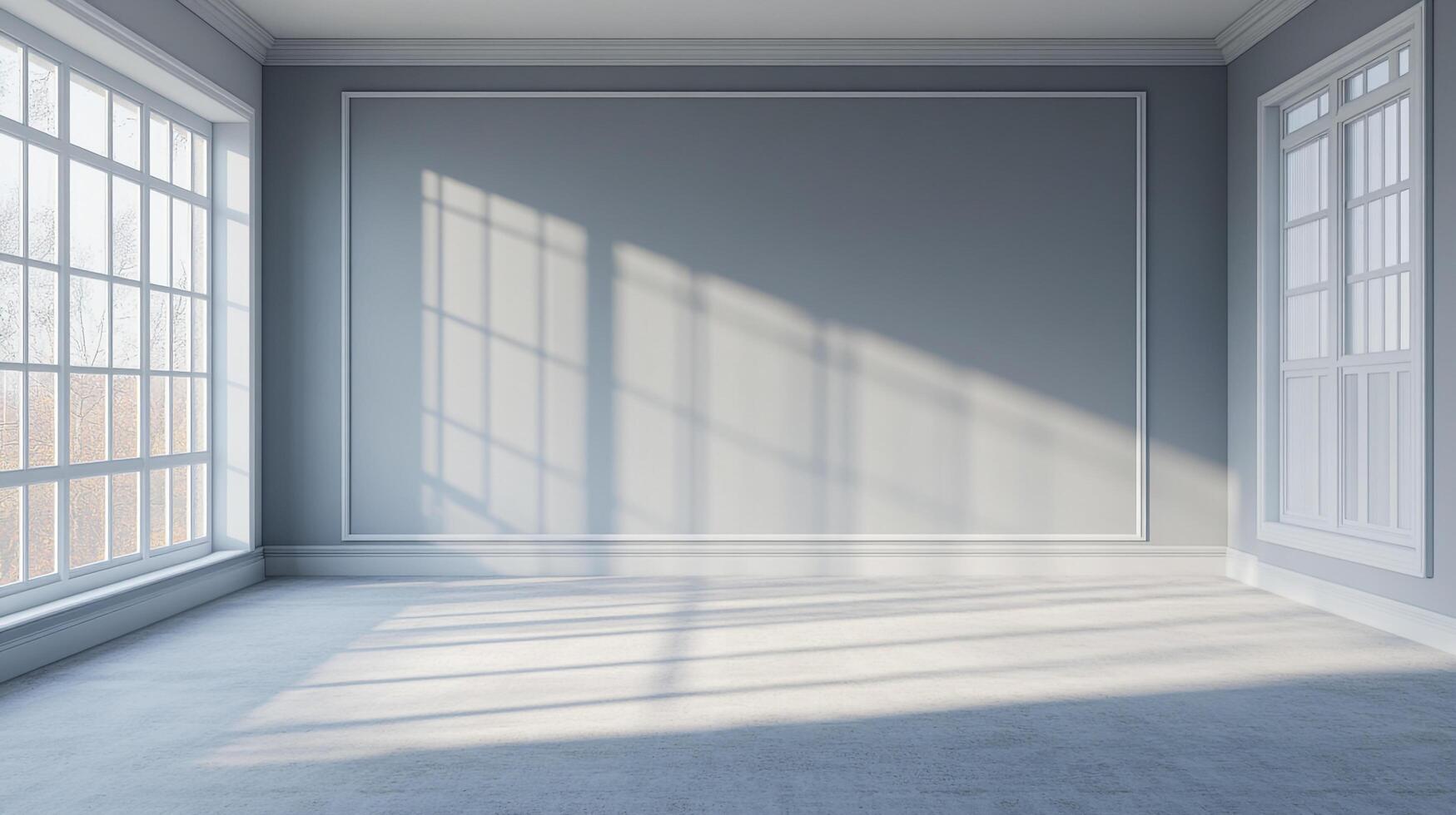 Sunlit room with a gray wall and white trim, featuring large windows casting soft shadows. A simple, modern, elegant interior design. photo