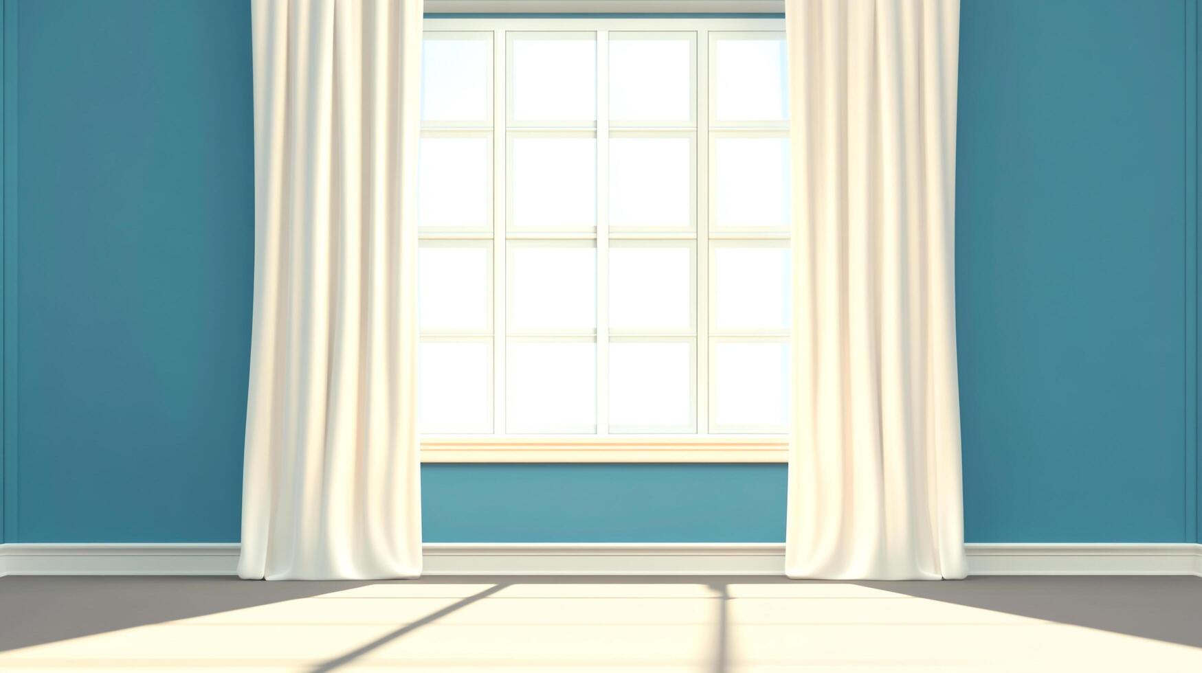 Bright room featuring a large window dressed with flowing cream-colored curtains, set against a soothing teal wall with soft sunlight. photo