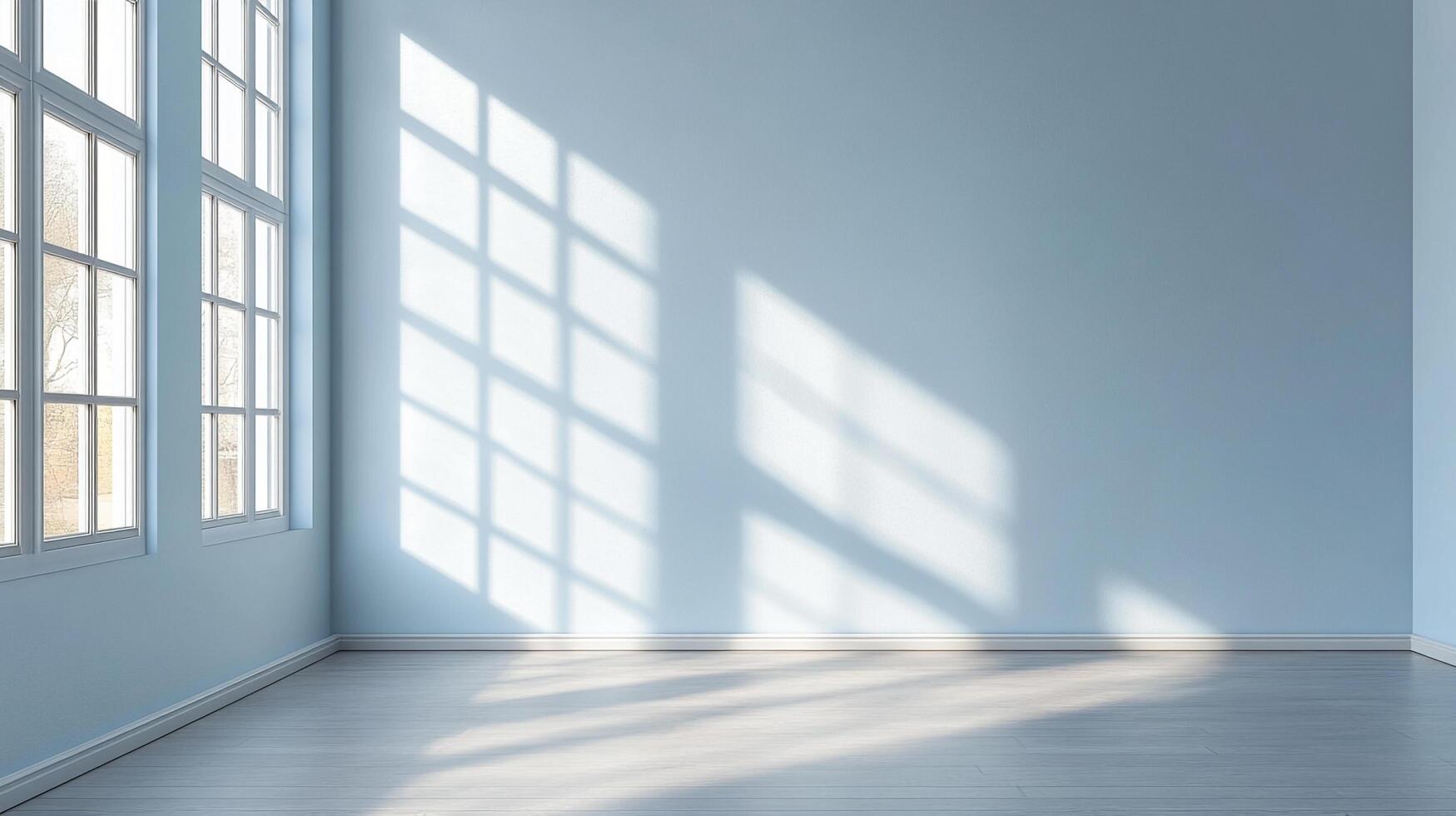 Sunlight streams through large windows, casting geometric shadows across the light blue walls and pale wooden floor of a minimalist room. photo